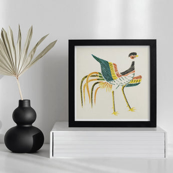 Woodblock Crane - Taguchi Tomoki Art Print / Canvas Framed Embroidered Artwork Decorative Bird Green Yellow Orange Prints
