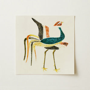 Woodblock Crane - Taguchi Tomoki Art Print / Canvas Square Canvas Stylized Embroidered Bird Teal Body Black Taguchi Tomoki