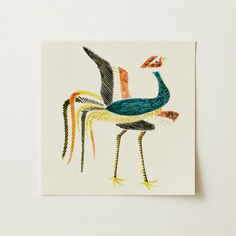 Woodblock Crane - Taguchi Tomoki Art Print / Canvas Square Stylized Embroidered Bird Teal Body Black Prints