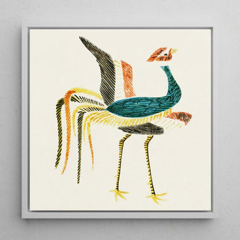 Woodblock Crane - Taguchi Tomoki Art Print / Canvas Vibrant Embroidered Artwork Stylized Bird Teal Body Orange Prints