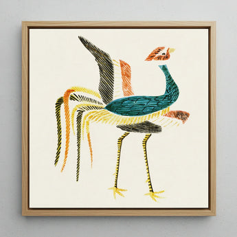Woodblock Crane - Taguchi Tomoki Art Print / Canvas Vibrant Stylized Embroidered Bird Artwork Light Wood Frame Taguchi Tomoki