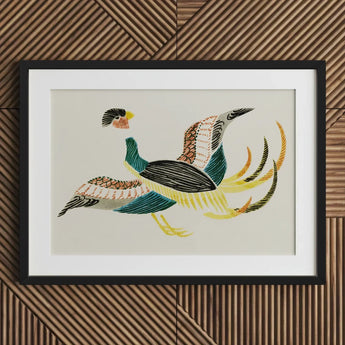 Woodblock Crane - Taguchi Tomoki Bird Art Print / Canvas Framed Artwork Stylized Colorful Intricate Patterns Teal, Prints