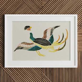 Woodblock Crane - Taguchi Tomoki Bird Art Print / Canvas Framed Artwork Stylized Colorful Intricate Patterns Teal, Prints