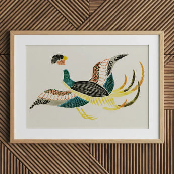 Woodblock Crane - Taguchi Tomoki Bird Art Print / Canvas Framed Artwork Stylized Colorful Pheasant Intricate Patterns Teal, Prints