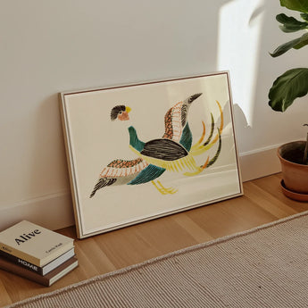 Woodblock Crane - Taguchi Tomoki Bird Art Print / Canvas Framed Artwork Stylized Bird Teal Brown Yellow Colors Taguchi Tomoki, Woodblock