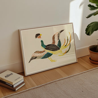 Woodblock Crane - Taguchi Tomoki Bird Art Print / Canvas Framed Artwork Stylized Teal Brown Yellow Colors, Prints