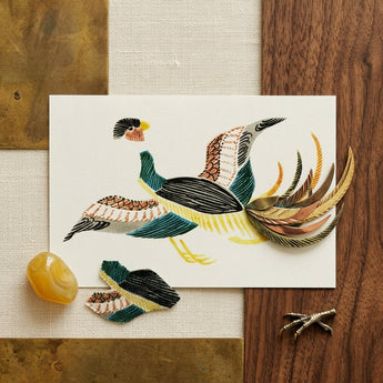 Woodblock Crane - Taguchi Tomoki Bird Art Print / Canvas Hand-embroidered Card Vibrant Stylized Pheasant Layered Feathers Teal Taguchi