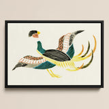 Woodblock Crane - Taguchi Tomoki Bird Art Print / Canvas Stylish Framed Artwork Vibrant Stylized Pheasant Teal Black Taguchi Tomoki,