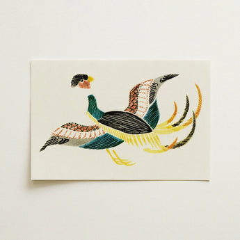 Woodblock Crane - Taguchi Tomoki Bird Art Print / Canvas Stylized Illustration Pheasant Cream-colored Cardstock Intricate Patterns Teal,