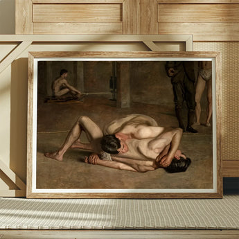 Wrestlers - Thomas Eakins Art Print / Canvas Framed Reproduction Classical Painting Two Nude Figures Intense Eakins’s Holds, Oil Catches,