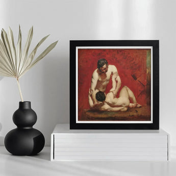 Wrestlers - William Etty Art Print / Canvas Black-framed Classical Painting Two Nude Figures Male, Fold, Standing Man’s Dark, Beard,