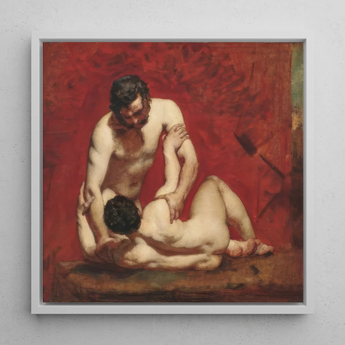 Wrestlers - William Etty Art Print / Canvas Framed Oil Painting Two Nude Figures Intimate Pose Male Figures, Fold, Standing Man’s Dark,
