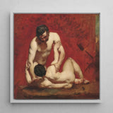 Wrestlers - William Etty Art Print / Canvas Framed Oil Painting Two Nude Figures Intimate Pose Male, Fold, Standing Man’s Dark, Beard,