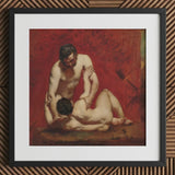 Wrestlers - William Etty Art Print / Canvas Framed Oil Painting Two Nude Figures Rich Red Male, Fold, Standing Man’s Dark, Beard,