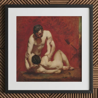 Wrestlers - William Etty Art Print / Canvas Framed Oil Painting Two Nude Figures Rich Red Male, Fold, Standing Man’s Dark, Beard,