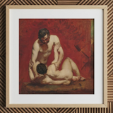 Wrestlers - William Etty Art Print / Canvas Framed Oil Painting Two Nude Figures Textured Red Male Figures, Fold, Standing Man’s Dark, Dark
