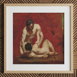 Wrestlers - William Etty Art Print / Canvas Framed Oil Painting Two Nude Figures Textured Red Male, Fold, Standing Man’s Dark, Beard,