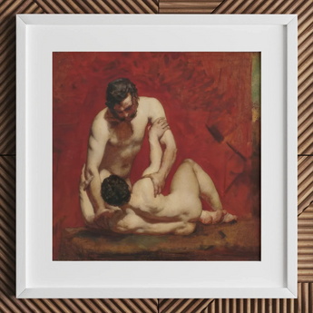 Wrestlers - William Etty Art Print / Canvas Framed Oil Painting Two Nude Figures Vibrant Red Male Figures, Fold, Standing Man’s Dark, Dark