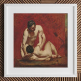 Wrestlers - William Etty Art Print / Canvas Framed Oil Painting Two Nude Figures Vibrant Red Male, Fold, Standing Man’s Dark, Beard,