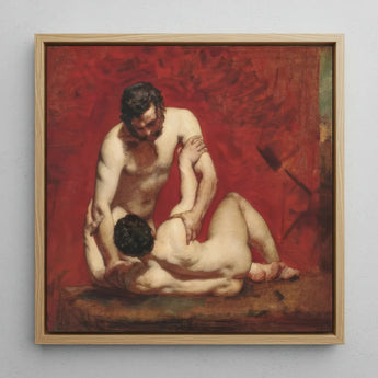 Wrestlers - William Etty Art Print / Canvas Square-framed Oil Painting Two Nude Figures Vibrant Red Male Figures, Fold, Standing Man’s