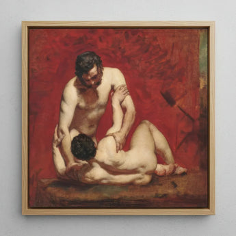 Wrestlers - William Etty Art Print / Canvas Square-framed Oil Painting Two Nude Figures Vibrant Red Male, Fold, Standing Man’s Dark, Beard,