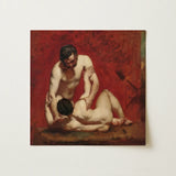 Wrestlers - William Etty Art Print / Canvas Square Canvas Painting Two Nude Figures Intimate Pose Male Figures, Fold, Standing Man’s Dark,