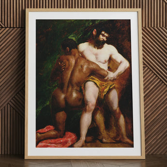 The Wrestlers - William Etty Homoerotic Art Print / Canvas, 24x32’’ / 61x81cm / Natural Frame / Matboard, Posters Prints & Visual Artwork,