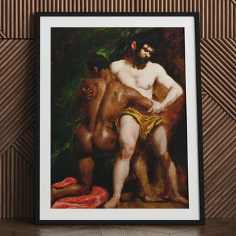 The Wrestlers - William Etty Homoerotic Art Print / Canvas Black-framed Classical Painting Two Muscular Figures, Testosterone-fueled Time