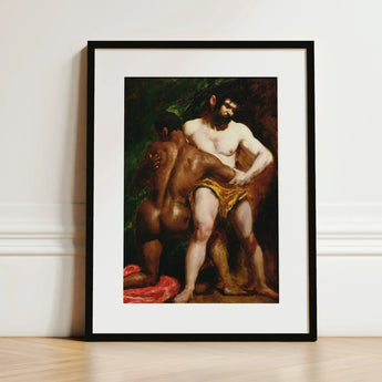 The Wrestlers - William Etty Homoerotic Art Print / Canvas Black-framed Classical Painting Two Muscular Men, Testosterone-fueled Time