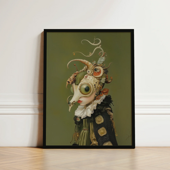 Framed Artwork Surreal Steampunk-inspired Figure Ornate Skull-like Head Xennie Gazes, Alien Innocence, Eerie Wisdom