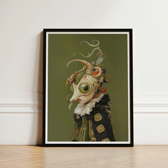 Steampunk-inspired Portrait Art Sleek Black Frame Intricately Detailed Xennie Gazes, Alien Innocence, Eerie Wisdom