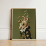 Framed Artwork Surreal Steampunk-inspired Figure Ornate Skull-like Face Xennie Gazes, Alien Innocence, Eerie Wisdom