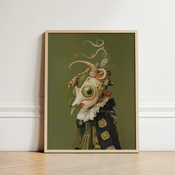Framed Artwork Surreal Steampunk-inspired Figure Ornate Skull-like Face Xennie Gazes, Alien Innocence, Eerie Wisdom