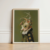 Framed Artwork Surreal Figure Ornate Biomechanical Skull Mask Xennie Gazes, Alien Innocence, Eerie Wisdom