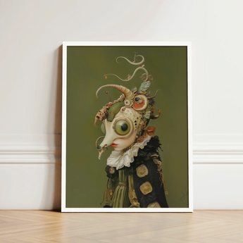 Framed Artwork Surreal Figure Ornate Biomechanical Mask Prominent Xennie Gazes, Alien Innocence, Eerie Wisdom