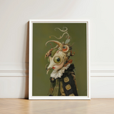 Framed Artwork Surreal Steampunk-inspired Figure Ornate Skull-like Head Xennie Gazes, Alien Innocence, Eerie Wisdom