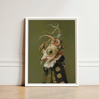 Framed Artwork Surreal Steampunk-inspired Figure Ornate Skull-like Head Xennie Gazes, Alien Innocence, Eerie Wisdom