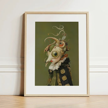 Xennie - Cute Baroque Alien Art Print / Canvas Framed Artwork Surreal Steampunk-inspired Creature Green Eyes Ornate Gazes, Innocence, Eerie