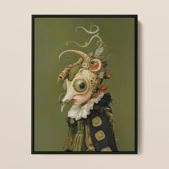 Xennie - Cute Baroque Alien Art Print / Canvas Surreal Portrait Black Frame Depicts Ornate Biomechanical Creature Xennie Gazes, Alien