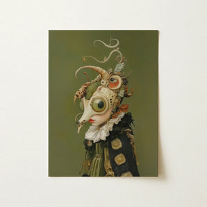 Xennie - Cute Baroque Alien Art Print / Canvas Surreal Portrait Fantastical Figure Oversized Green Eye Gazes, Innocence, Eerie Wisdom Prints