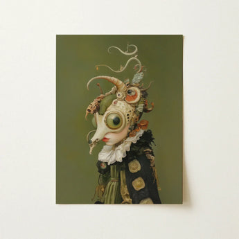 Xennie - Cute Baroque Alien Art Print / Canvas Surreal Portrait Fantastical Figure Oversized Green Eye Gazes, Innocence, Eerie Wisdom Prints