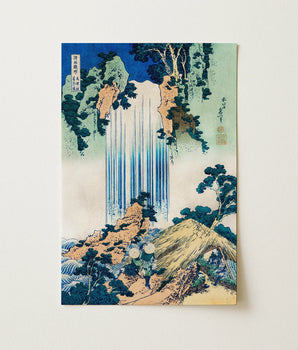Vibrant Japanese Woodblock Print Waterfall Framed Rugged Cliffs Katsushika Hokusai, Yoro, Mino Province, Time, Signed, Spent Six Decades,