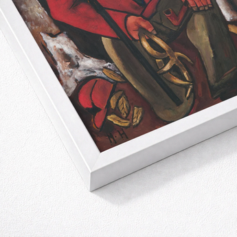 Framed Abstract Painting Bold Reds Earthy Browns Metallic Young Hunter Hearing, Marsden Hartley’s, Gold-tan Antlers Cradled, Berlin Officer