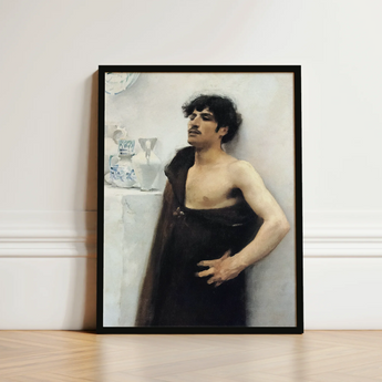 Young Man in Reverie - John Singer Sargent Art Print / Canvas Black-framed Portrait Dark Robe Wall White Ceramic, Introspective Gaze,