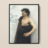 Young Man in Reverie - John Singer Sargent Art Print / Canvas Black-framed Oil Painting Shirtless Dark Curly Hair, Introspective Gaze,