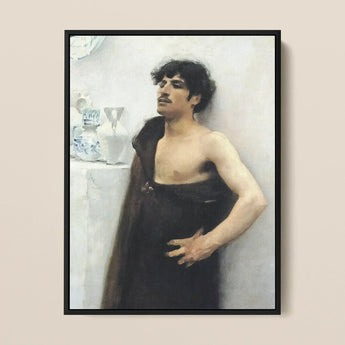 Young Man in Reverie - John Singer Sargent Art Print / Canvas Black-framed Oil Painting Shirtless Dark Curly Hair, Introspective Gaze,
