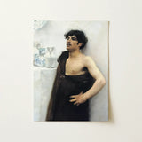 Young Man in Reverie - John Singer Sargent Art Print / Canvas Framed Oil Painting Dark Curly Hair Mustache, Introspective Gaze, Serene
