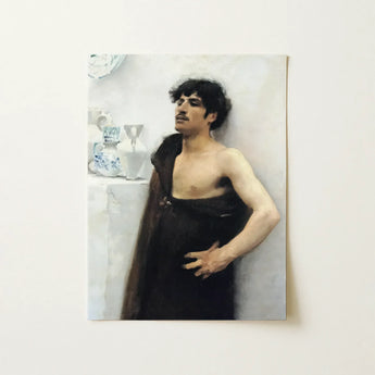 Young Man in Reverie - John Singer Sargent Art Print / Canvas Framed Oil Painting Dark Curly Hair Mustache, Introspective Gaze, Serene