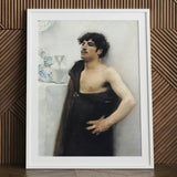 Young Man in Reverie - John Singer Sargent Art Print / Canvas White-framed Classical-style Portrait Dark Drapery, Introspective Gaze,