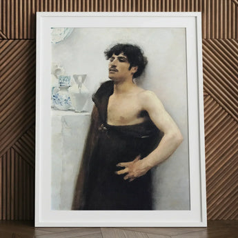 Young Man in Reverie - John Singer Sargent Art Print / Canvas White-framed Classical-style Portrait Dark Drapery, Introspective Gaze,